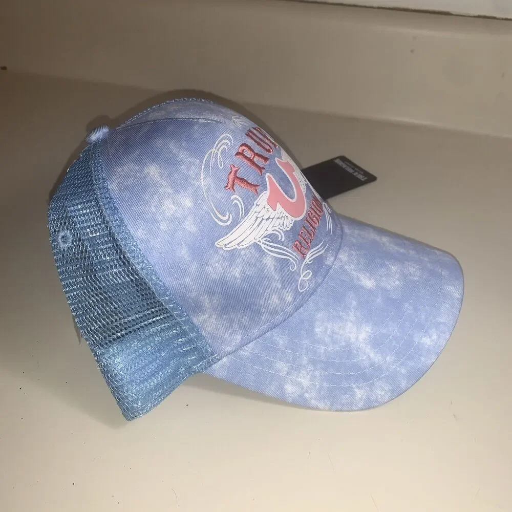 True Religion Blue Trucker Hat OS Logo Cap Adjustable Mesh Back
